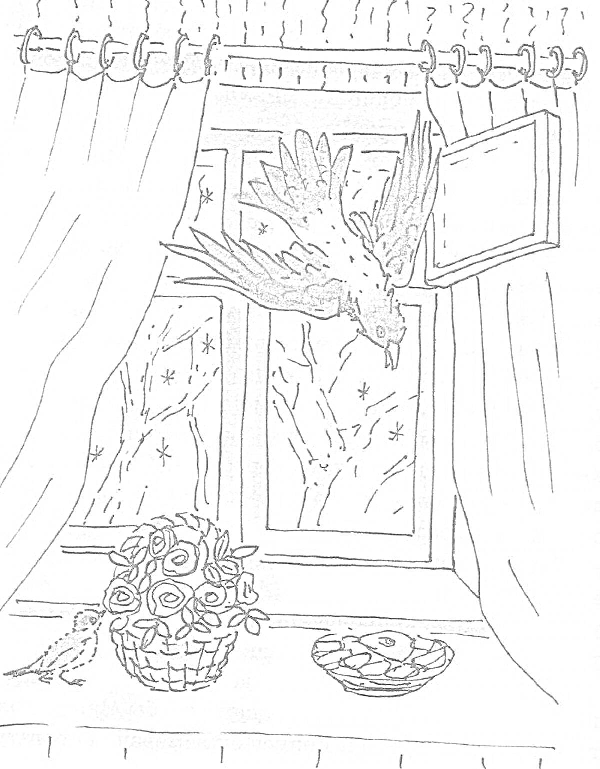 Раскраска Растрепанный воробей залетает в окно, цветы в вазе и еда на подоконнике