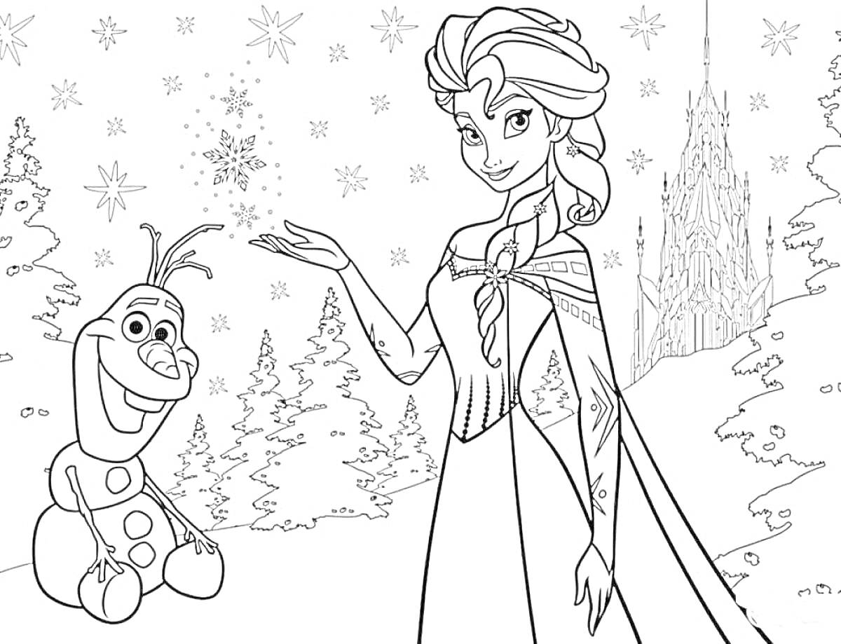 Эльза с Олафом на фоне замка с заснеженными ёлками