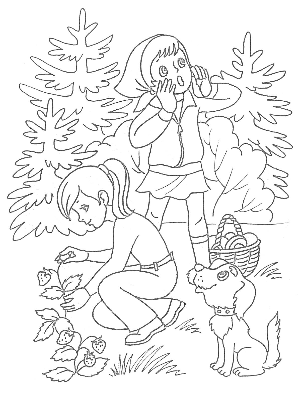 Раскраска Девочка собирает ягоды, другая зовет собаку, корзинка с грибами на траве