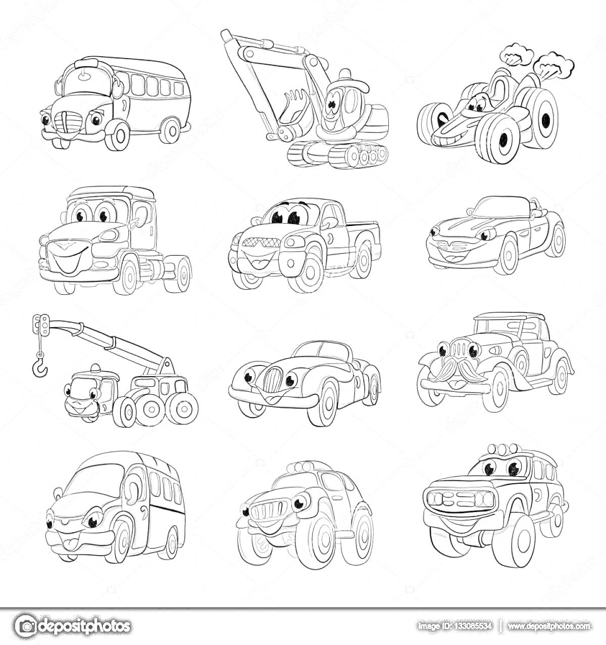 Раскраска Машинки с глазами с разными выражениями (автобус, экскаватор, гоночная машина, грузовик, пикап, спортивная машина, эвакуатор, ретро-автомобиль, джип, микроавтобус, внедорожник, полицейская машина)