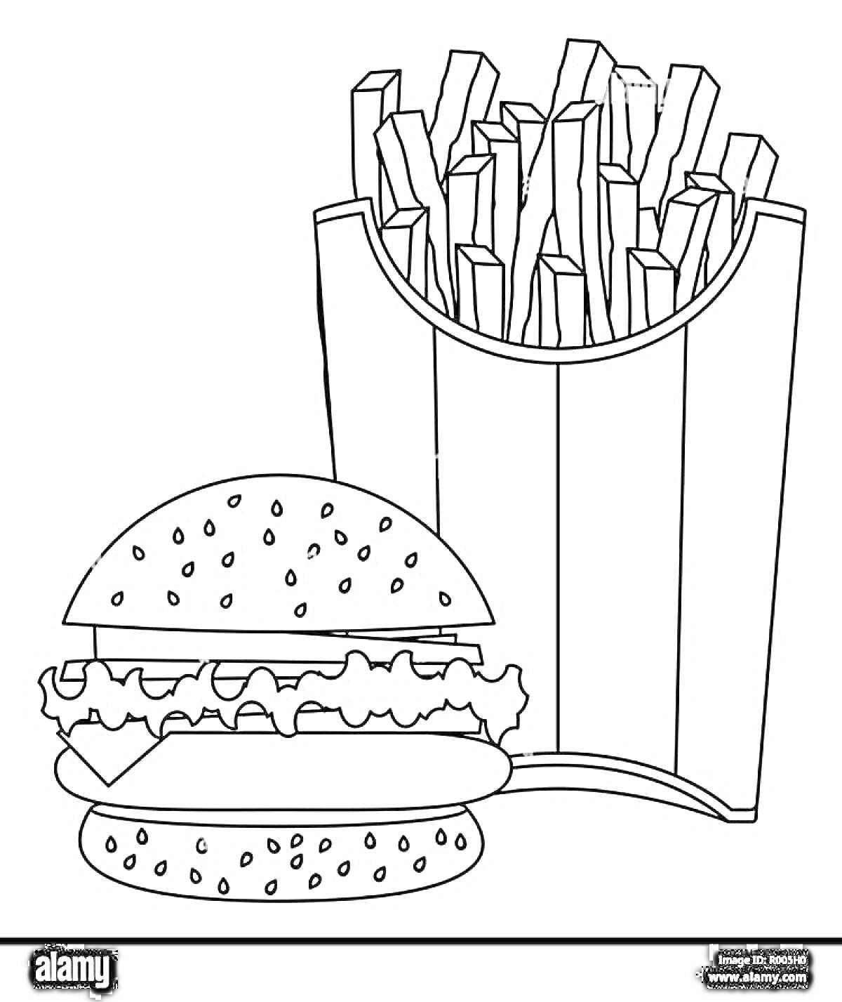 На раскраске изображено: Бургер, Еда, Гамбургер, Закуски, Картофель фри, Фаст-фуд