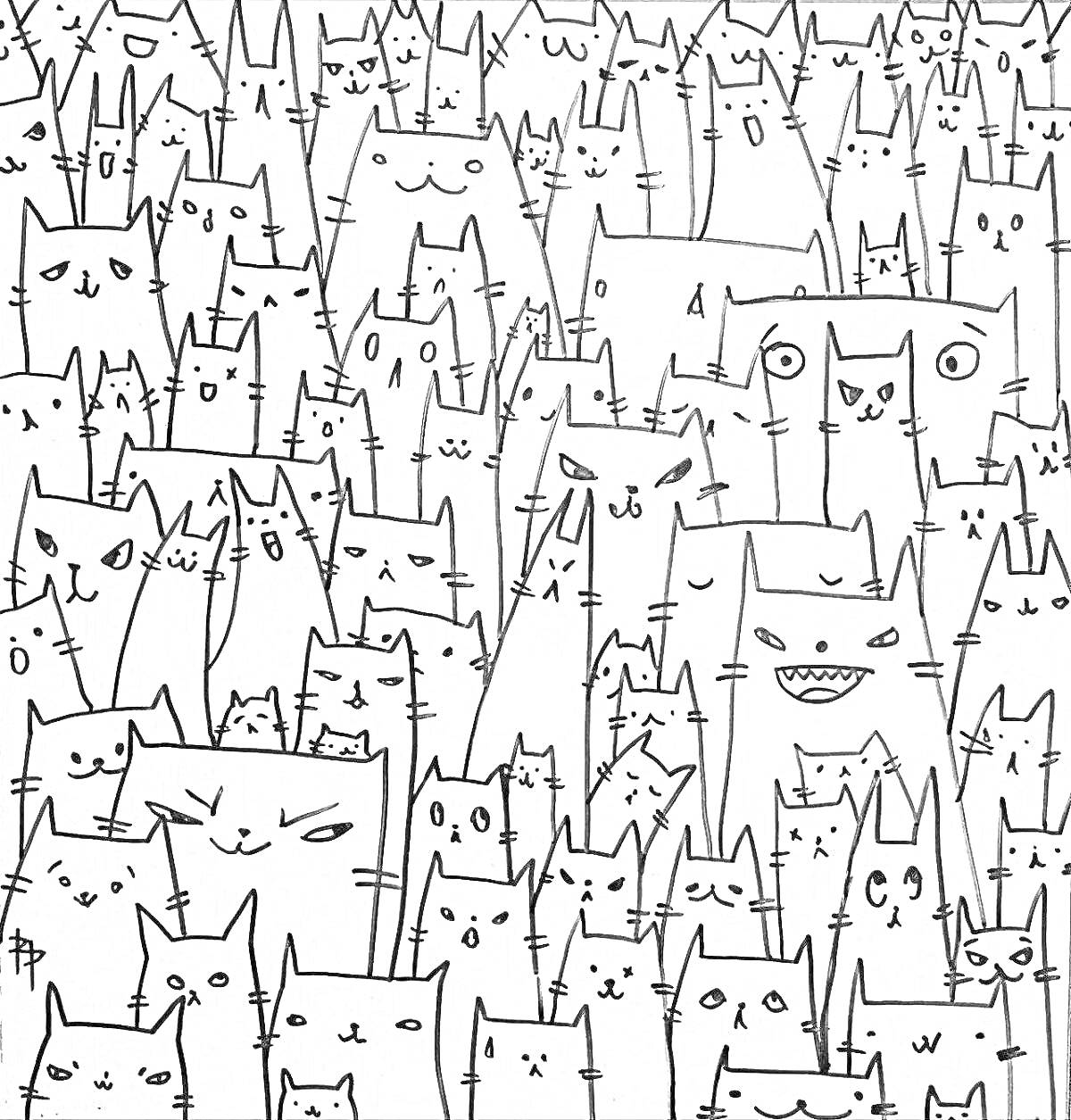 Раскраска Много котиков разной формы и выражений лиц