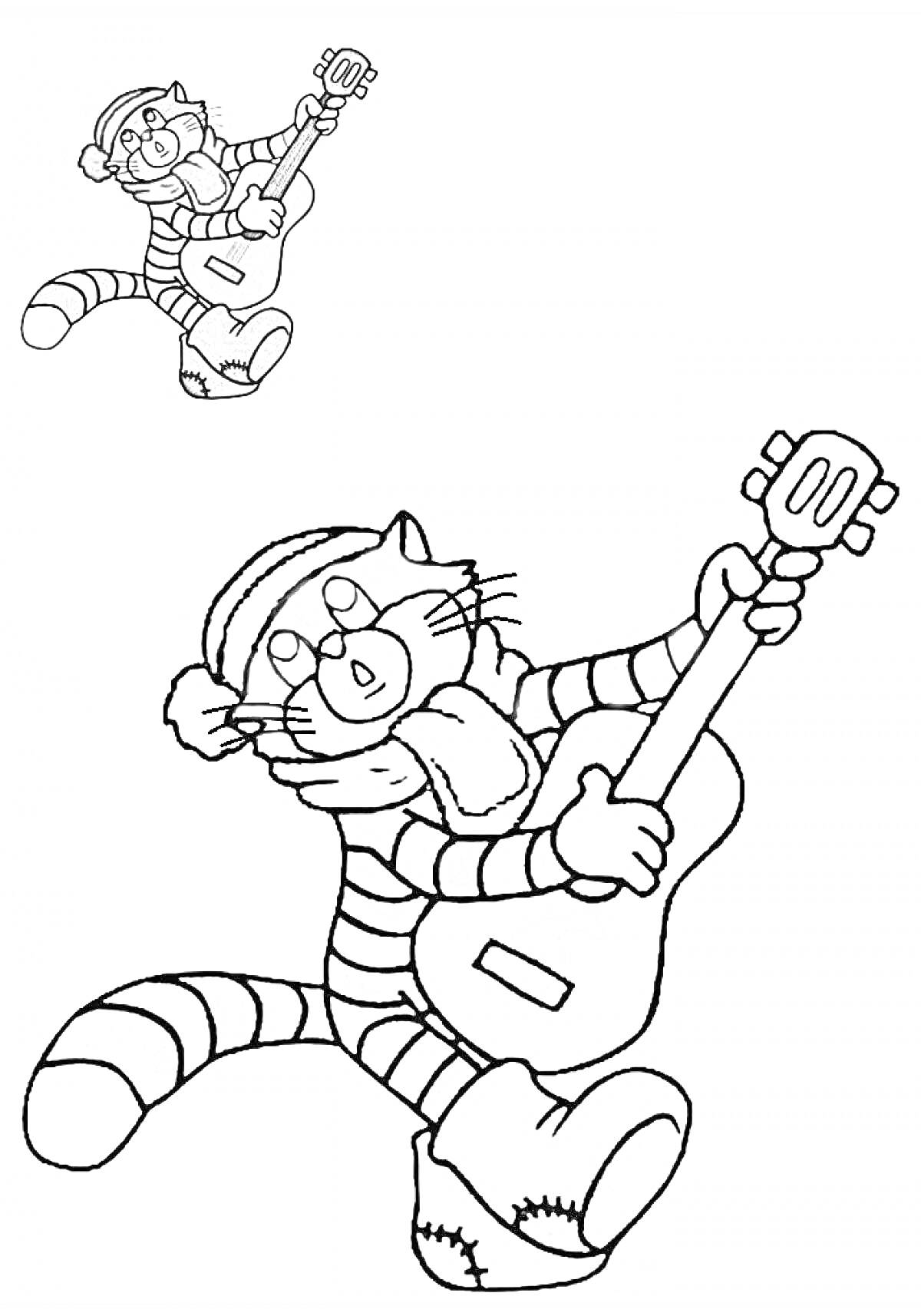 На раскраске изображено: Кот, Гитара, Шапка, Шарф, Цветной образец, Музыкальный инструмент, Обувь, Веселье