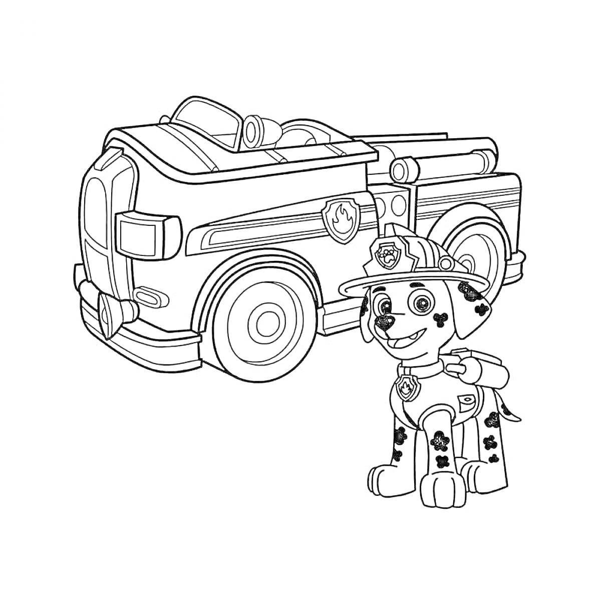 Раскраска щенок-фонарщик перед пожарной машиной