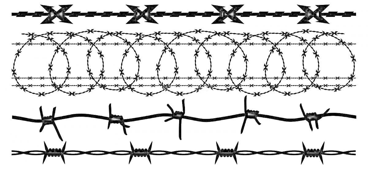 Колючая проволока разных видов и форм: ромбовидная, с узловатыми витками, овальными витками, прямые линии с узлами