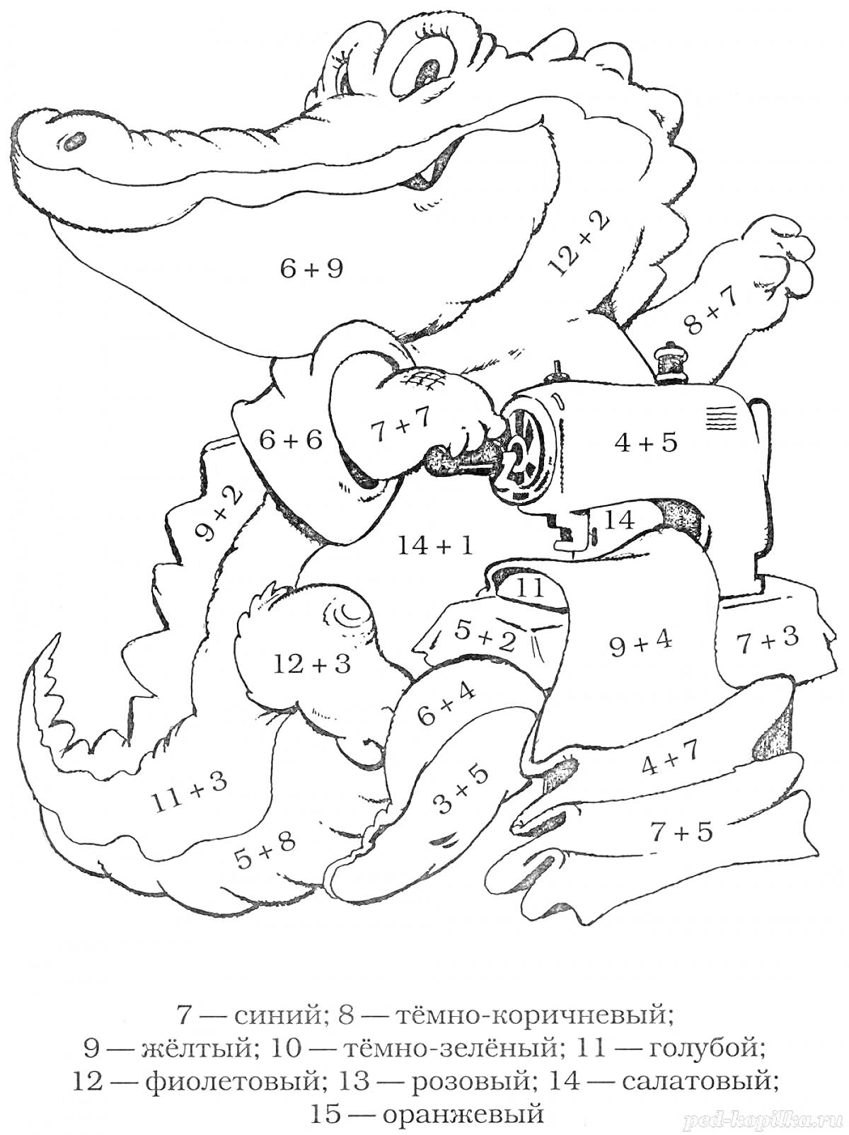Раскраска Крокодил за швейной машиной с математическими примерами