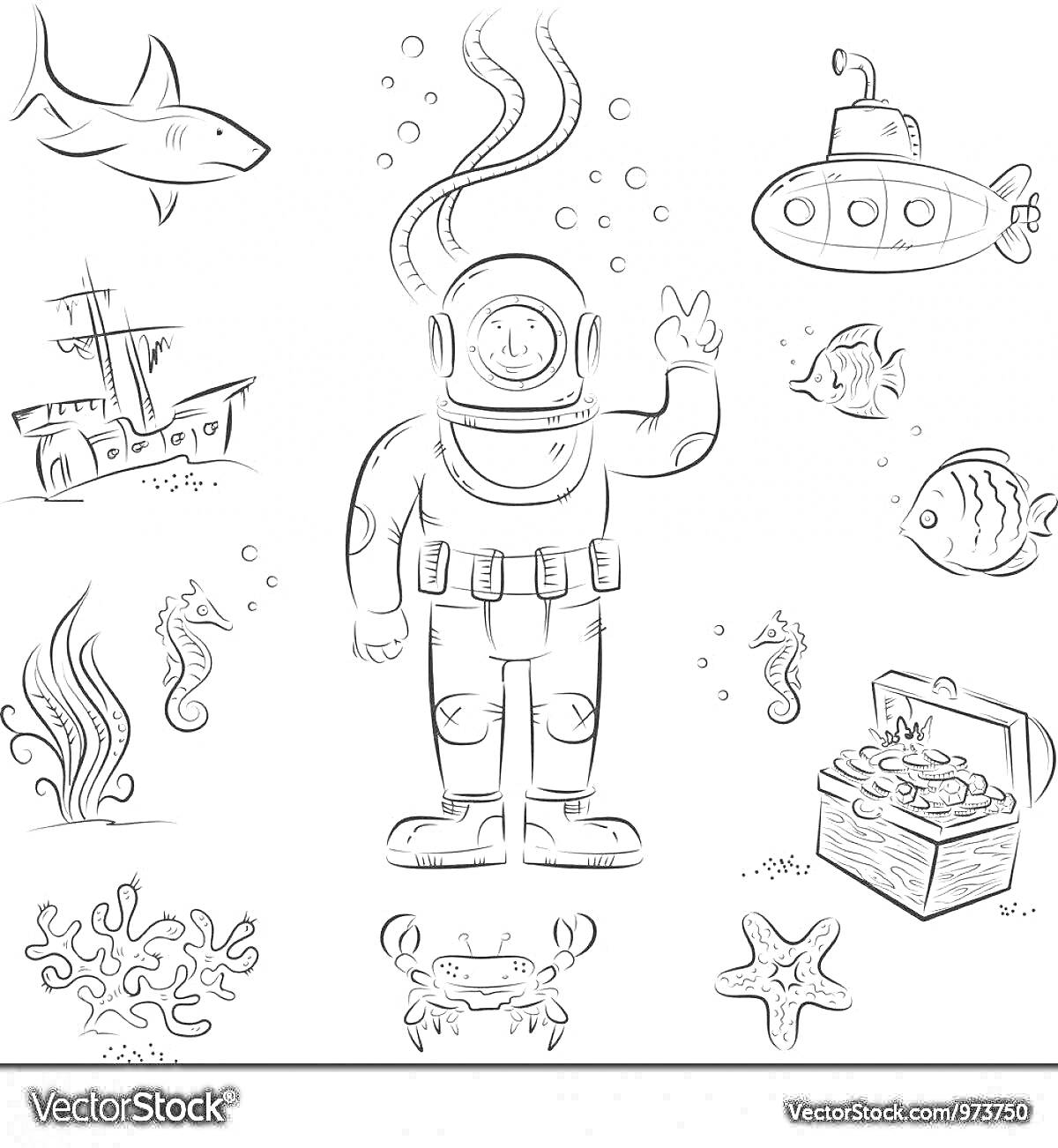 На раскраске изображено: Аквалангист, Водолаз, Подводное плавание, Море, Аквариум, Подводная лодка, Растительность, Морской конек, Затонувший корабль, Краб, Сокровища, Кораллы