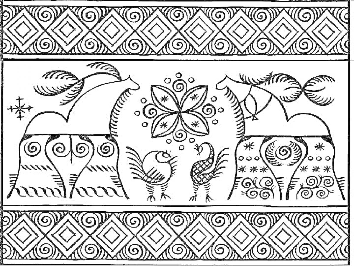 Мезенская роспись с изображением двух лошадей, двух птиц, шестилепесткового цветочного узора в центре, восьмилучевой звезды и геометрических орнаментов по краям.