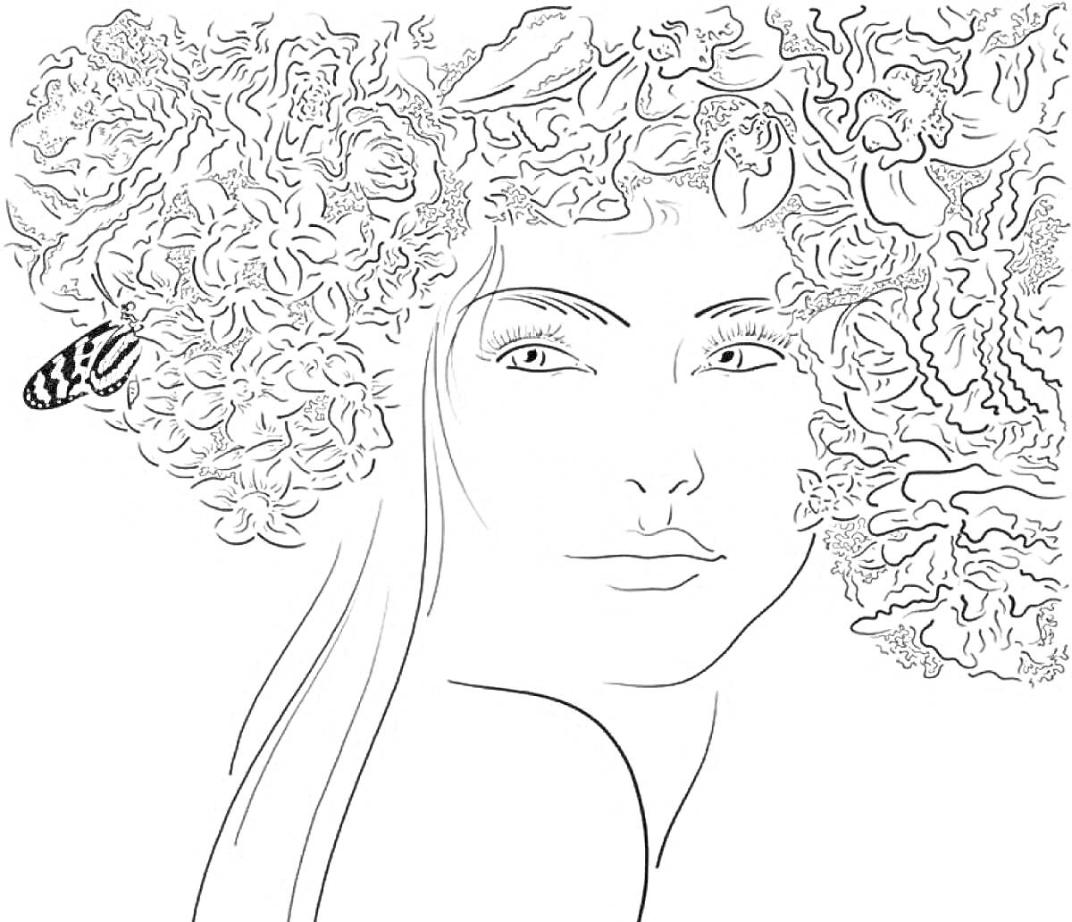 Раскраска Портрет девушки с цветами и осенними листьями в волосах и бабочкой