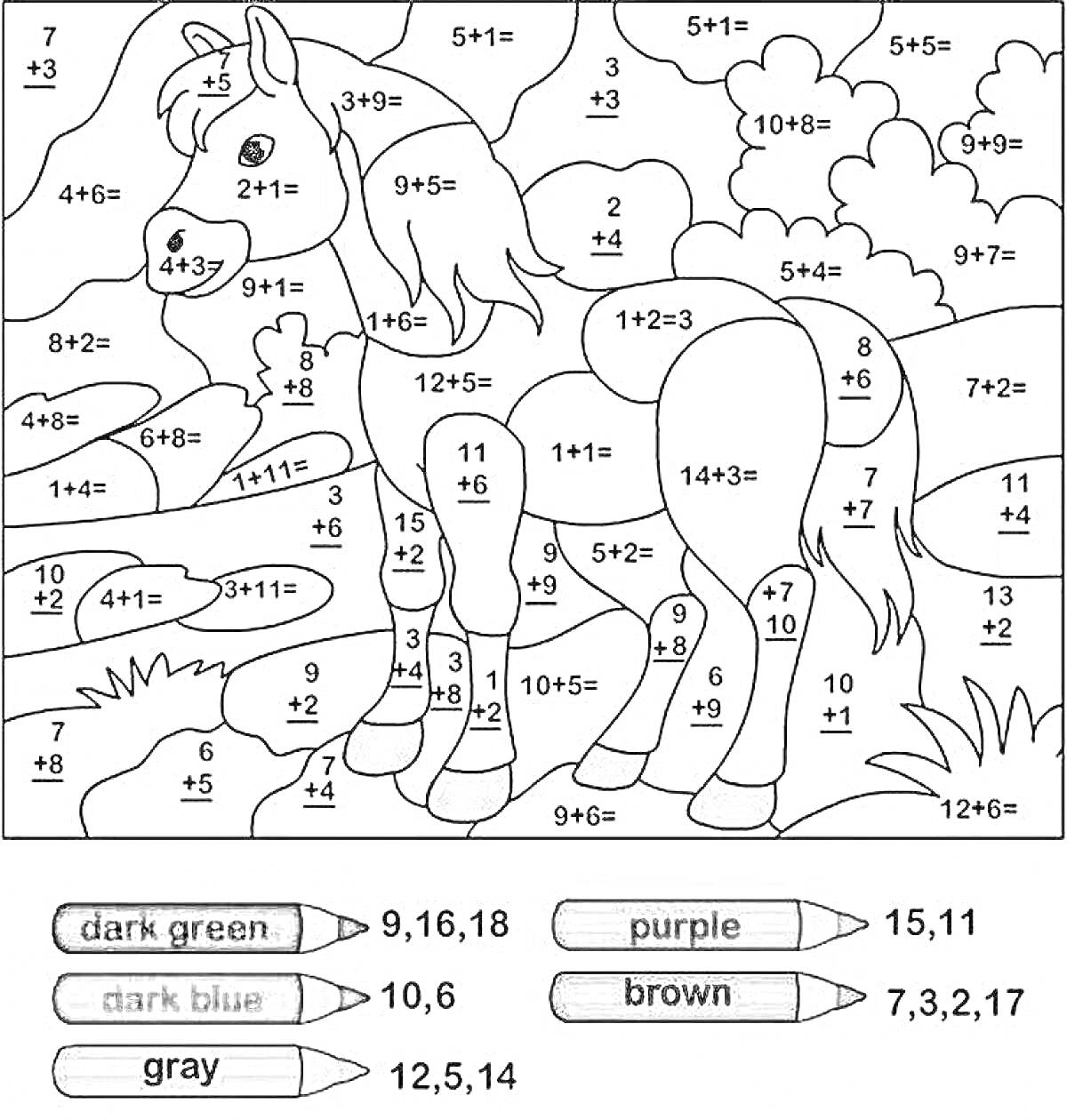 Раскраска Лошадь в поле с математическими задачами для раскрашивания