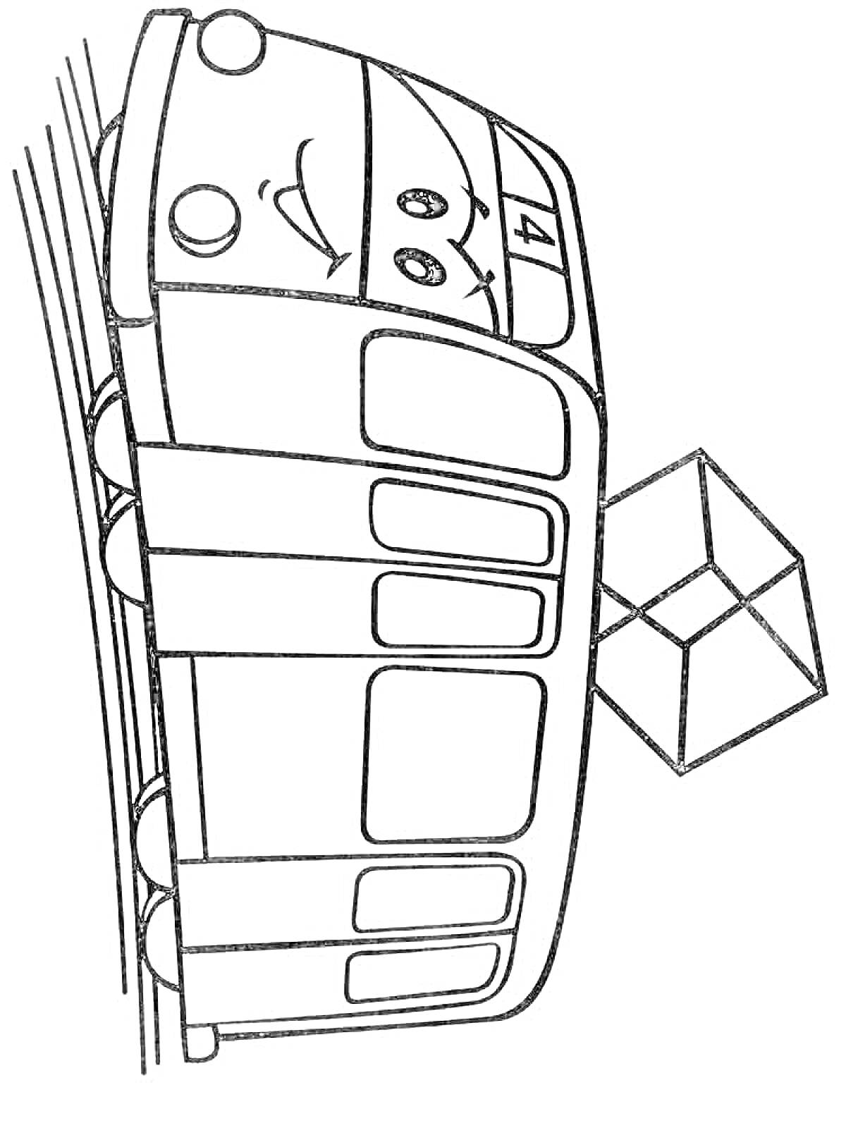 Раскраска Трамвай с улыбкой, едущий по рельсам, с цифрой 4 на кабине и кубиком сбоку