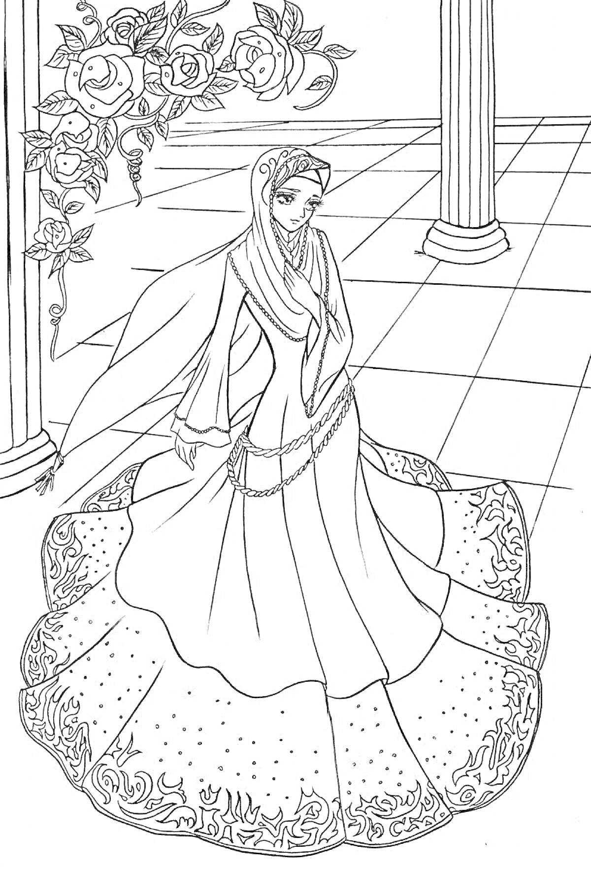 Мусульманка в традиционной одежде под аркой с розами