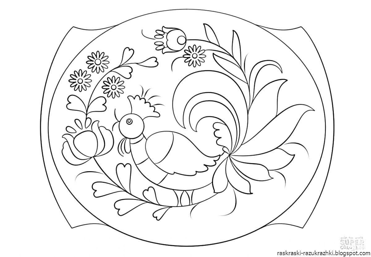 Раскраска Петух в окружении цветов на круглой доске