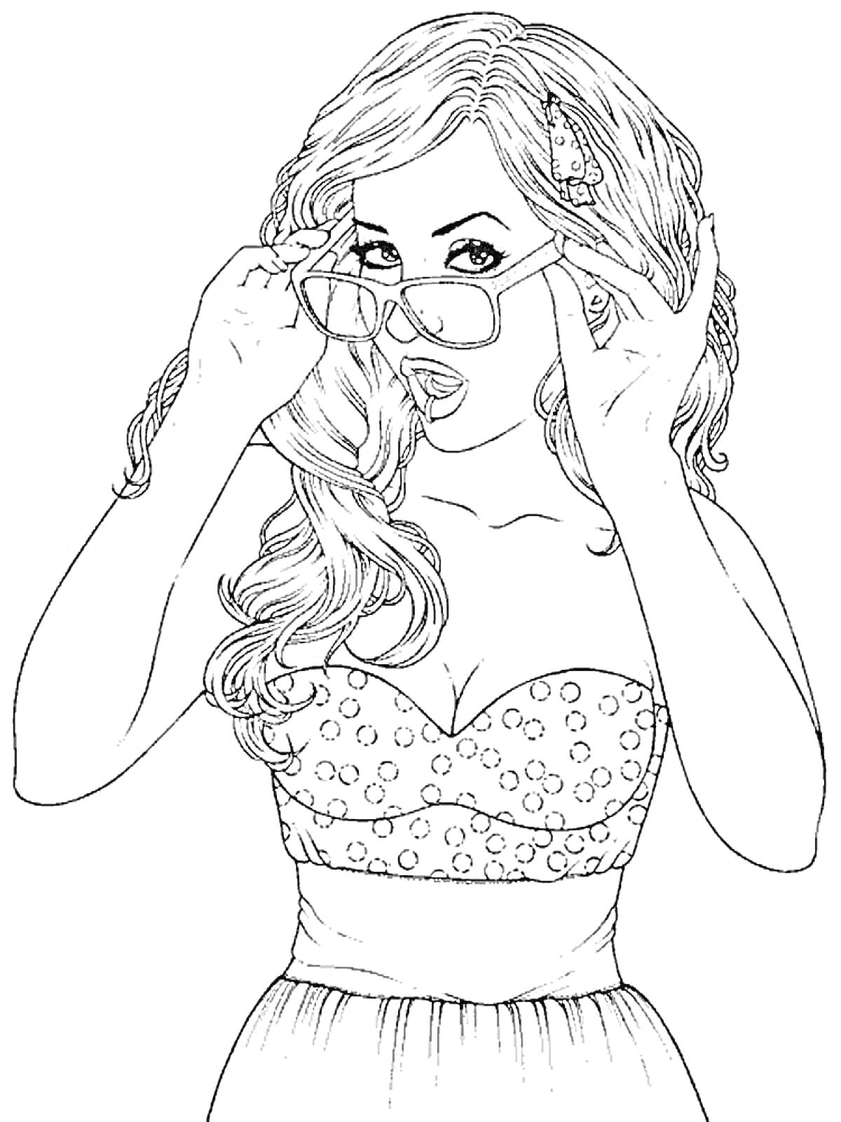 Раскраска Девушка с длинными волнистыми волосами в платье в горошек, поправляющая очки