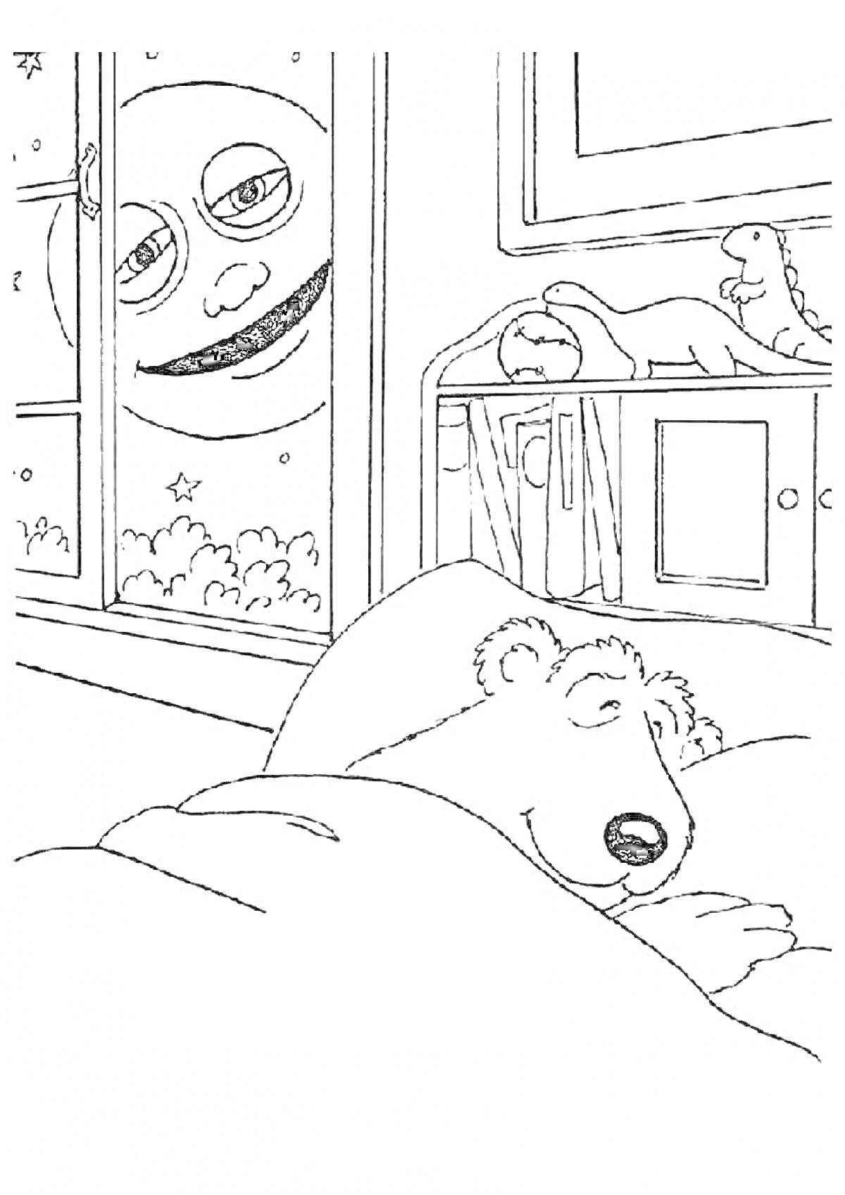 На раскраске изображено: Утро, Медведь, Постель, Сон, Окна, Солнце, Игрушки