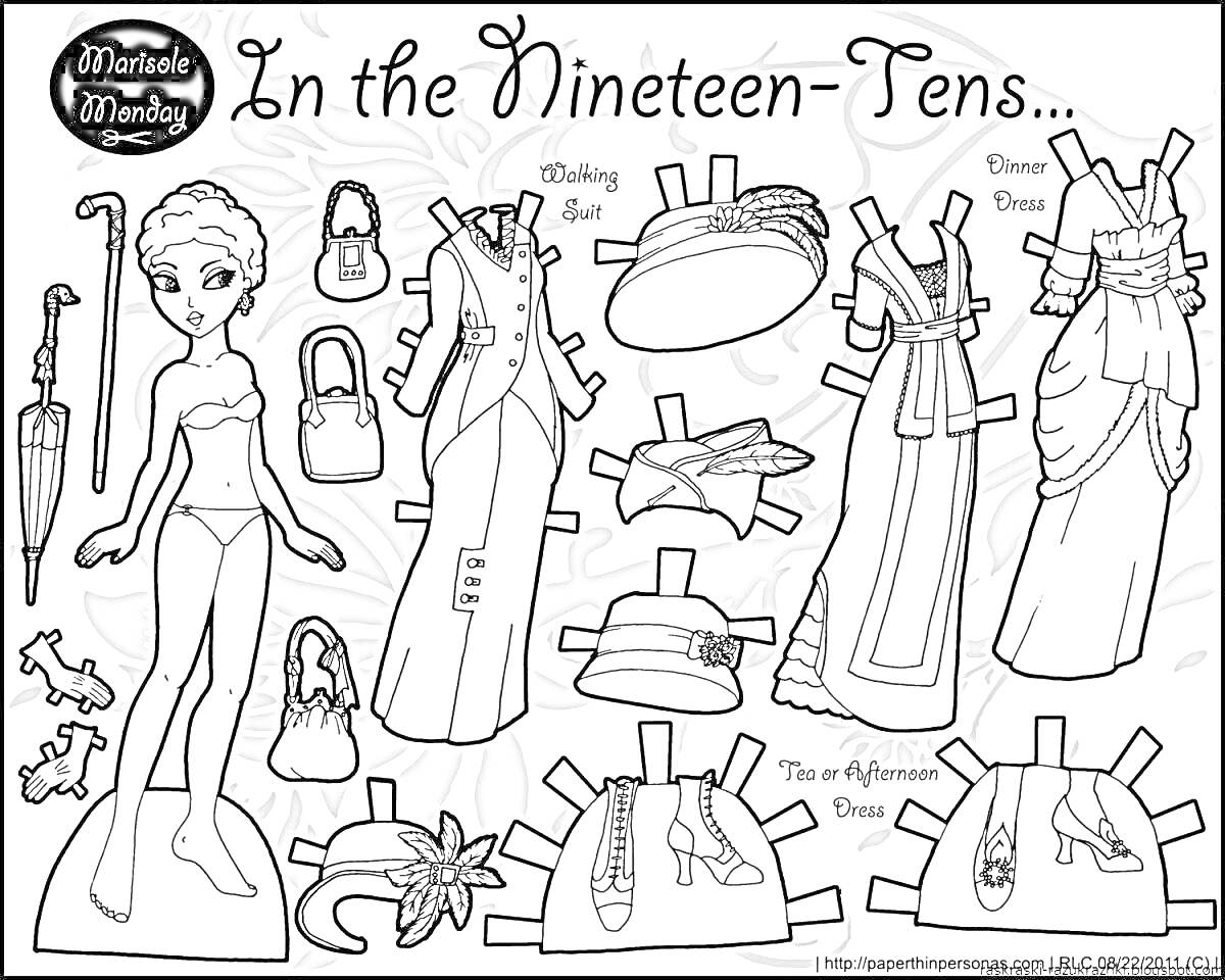 Раскраска Кукла с одеждой для вырезания: купальное платье, вечернее платье, шляпа, купальная шапочка, туфли, зонтик, цветок, сумочка