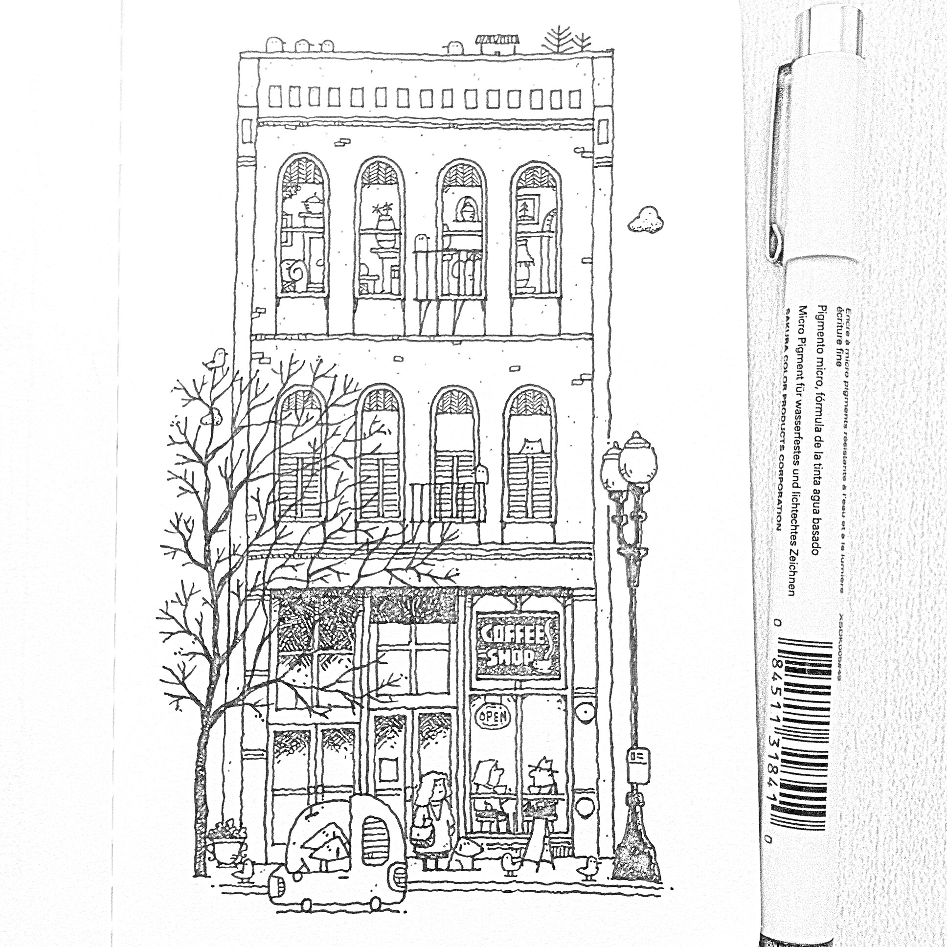На раскраске изображено: Здание, Кафе, Маркеры