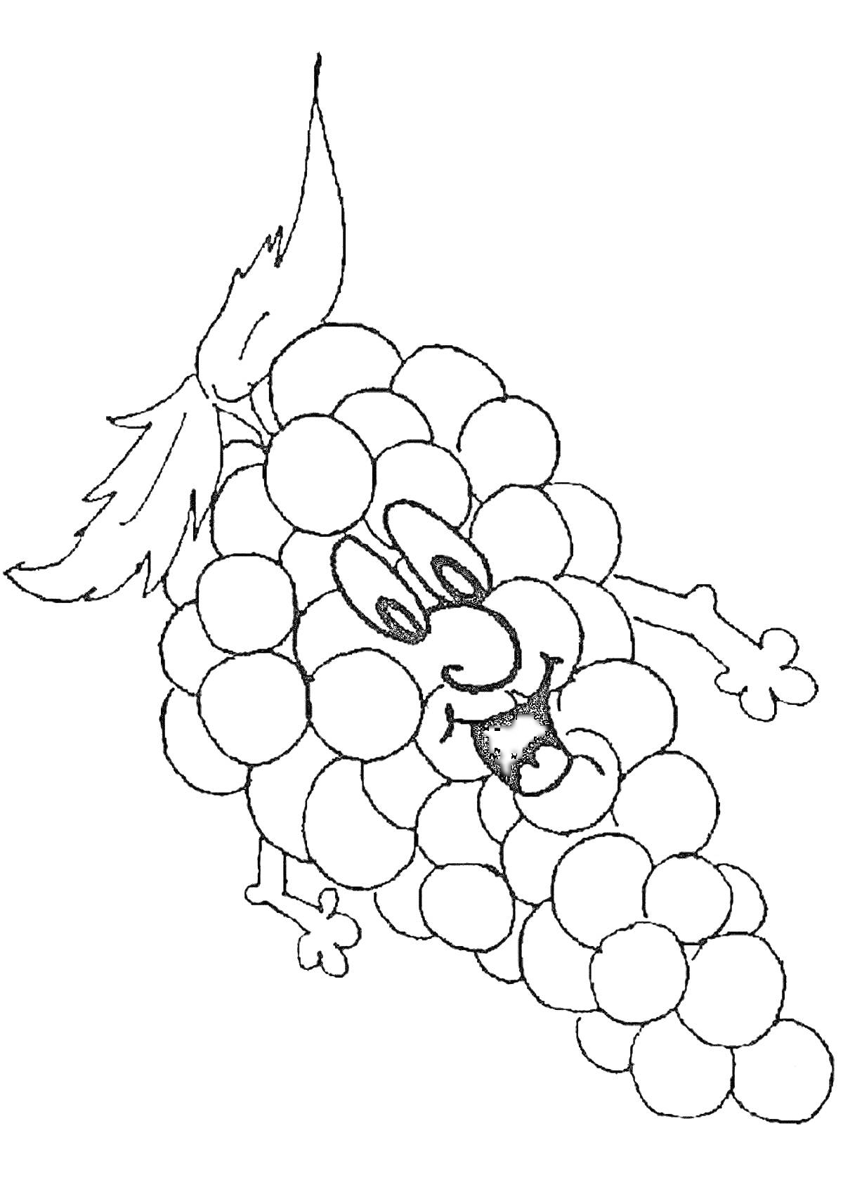 Раскраска Виноградная гроздь с лицом, руками и листьями