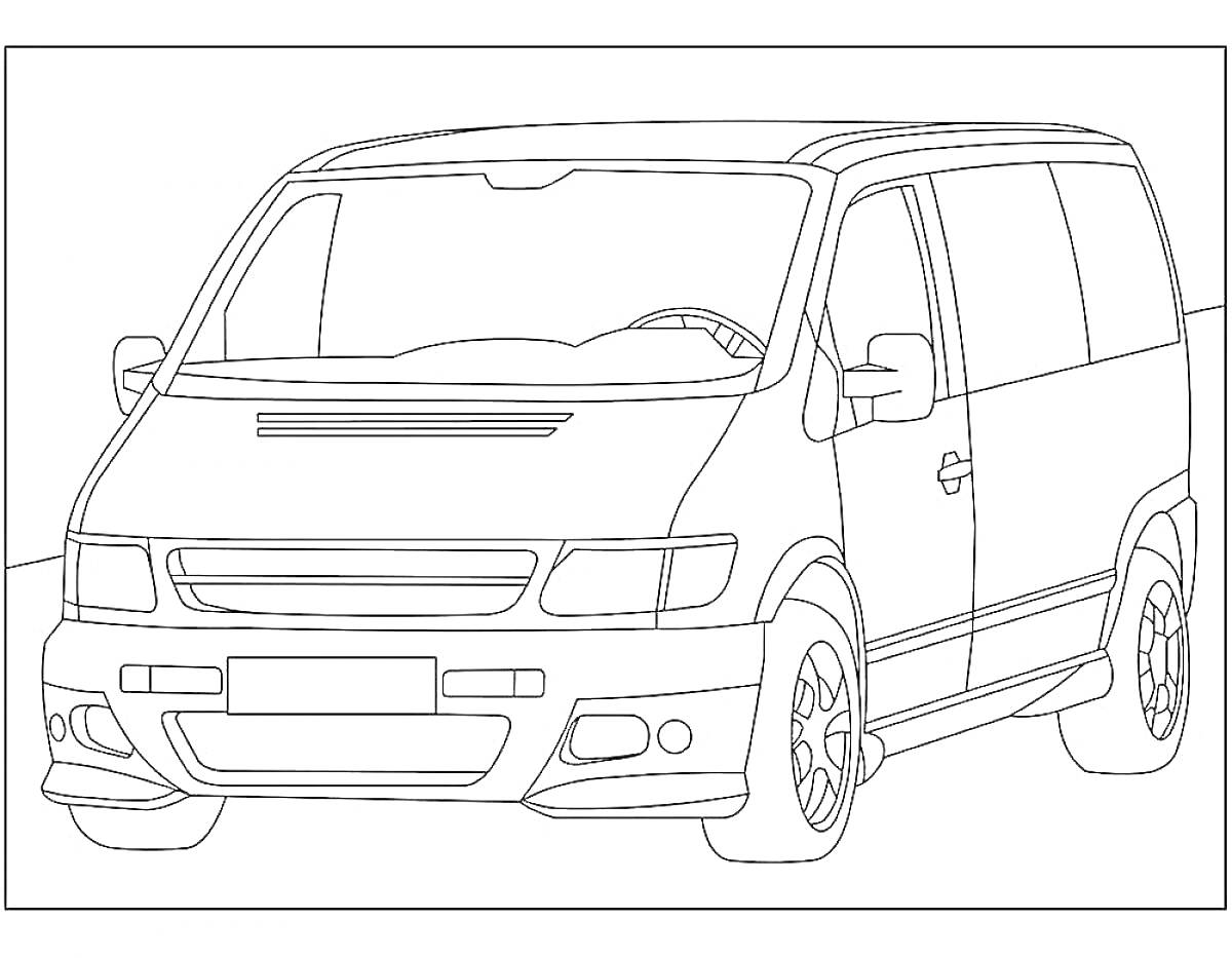 Раскраска Минивэн с деталями (лобовое стекло, двери, окна, колеса, фары)