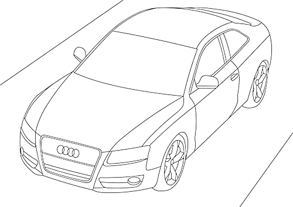 На раскраске изображено: Audi, Парковка, Колёса, Транспорт