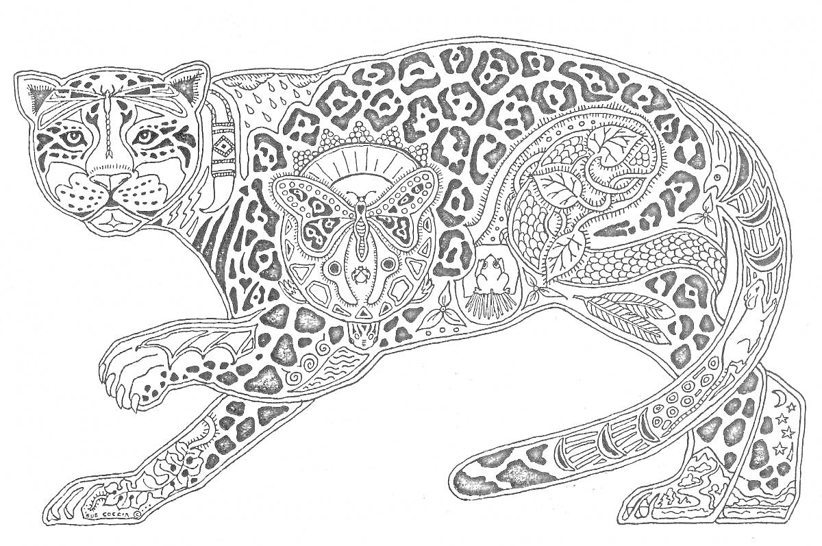 Раскраска Ягуар с декоративными элементами (включая сложные узоры и голову бабочки на боку)