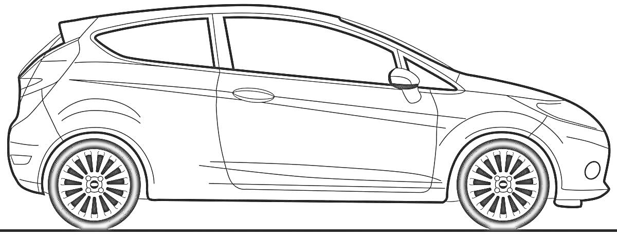 Раскраска Силуэт автомобиля с двумя дверями, боковой вид, видны колеса и окна