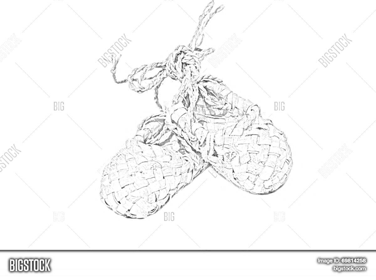 На раскраске изображено: Лапти, Обувь, Плетеная, Веревка, Традиционная обувь, Русский стиль, Для детей