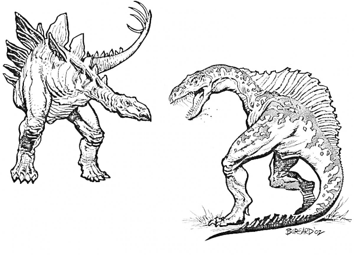 Раскраска Два гигантозавра на раскраске, один с шипами на спине и хвосте, второй с ребристыми пластинами на спине