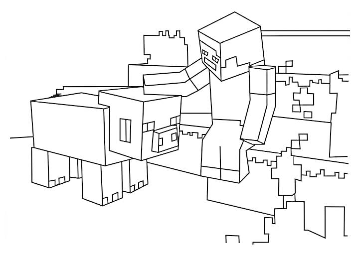 Персонаж, поглаживающий свинью рядом со строениями из блоков в игре Майнкрафт