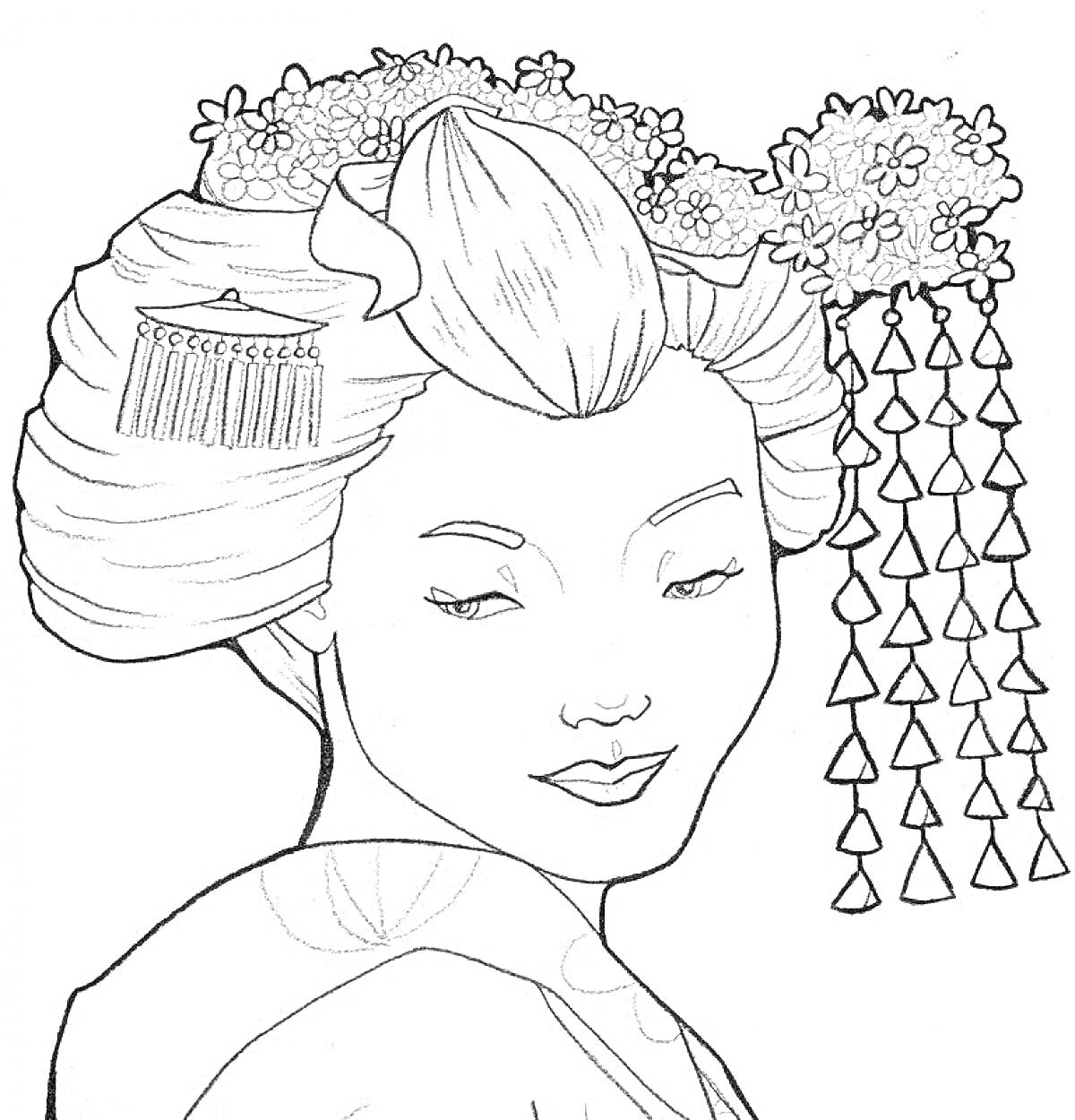 На раскраске изображено: Гейша, Традиционная прическа, Цветы, Подвески, Кимоно
