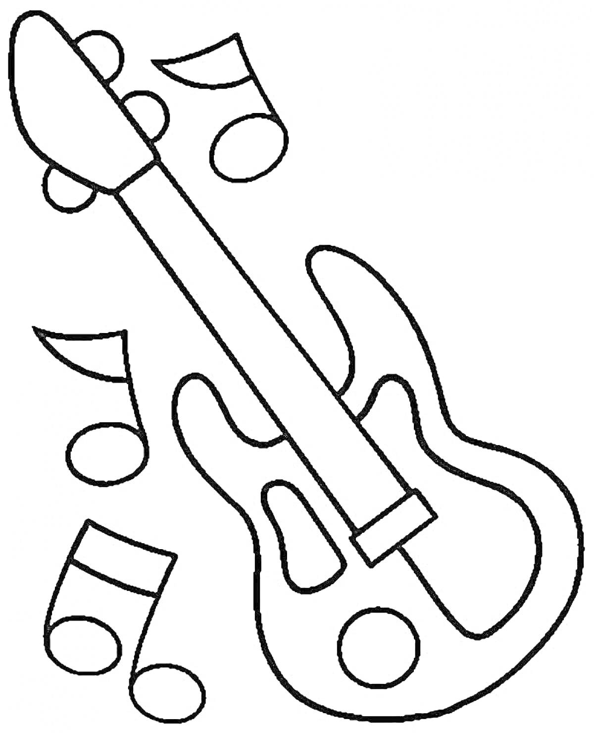 На раскраске изображено: Электрогитара, Ноты, Музыка, Инструмент, Музыкальные ноты, Музыкальный инструмент, Для детей, Контурные рисунки