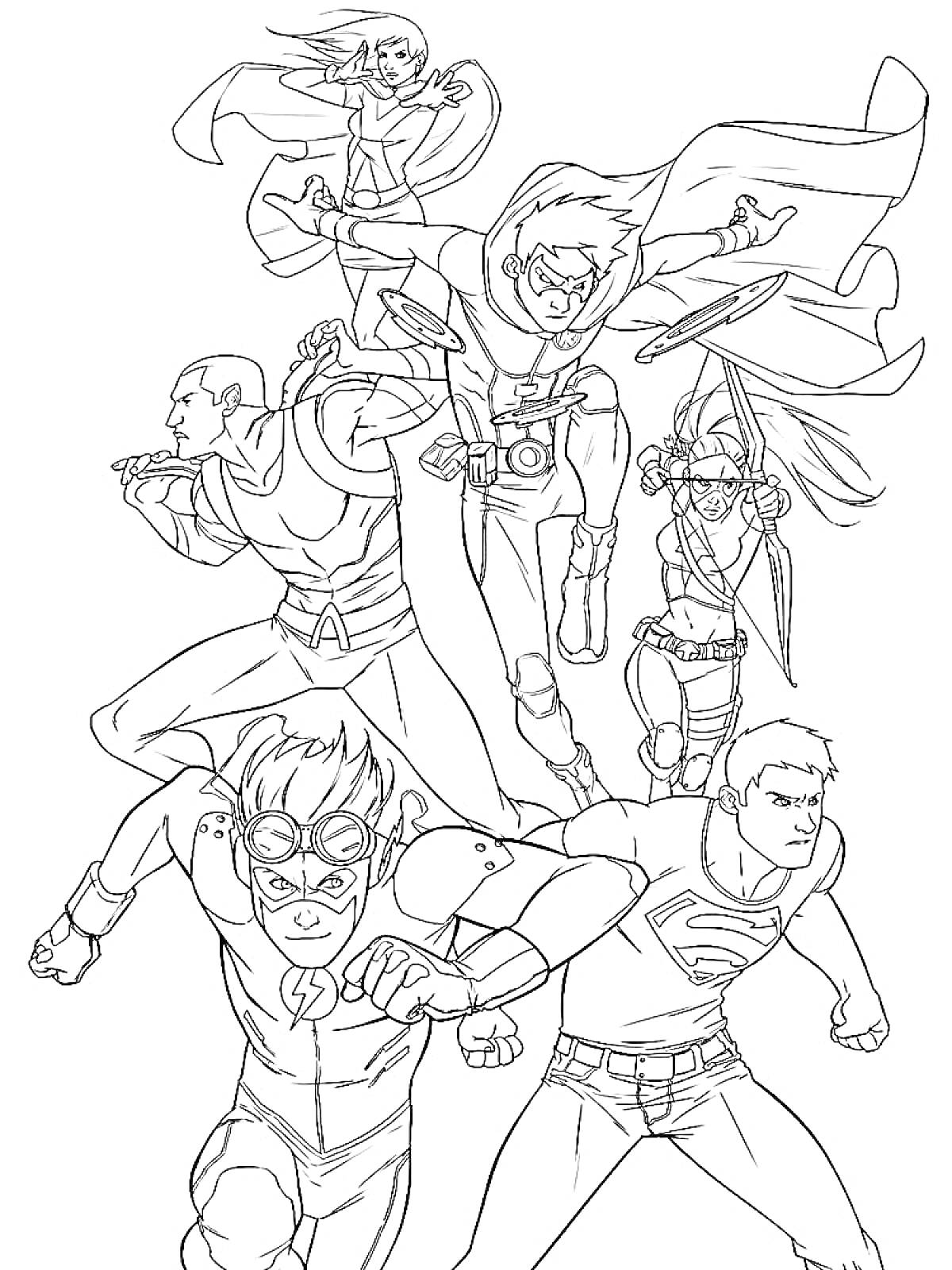 На раскраске изображено: Лига Справедливости, Супергерои, Полет, Комиксы, Плащ, Костюм