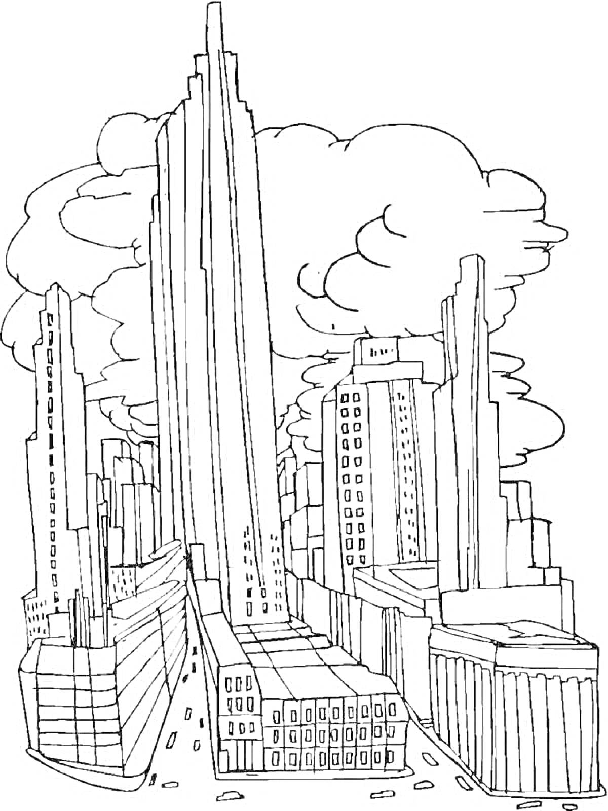 На раскраске изображено: Небоскрёбы, Облака, Архитектура, Высокие здания, Города, Дороги