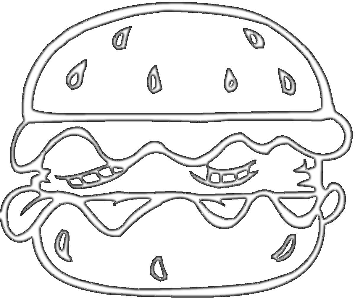 Раскраска с бургером: булочка с кунжутом, листья салата, мясная котлета, нижняя булочка