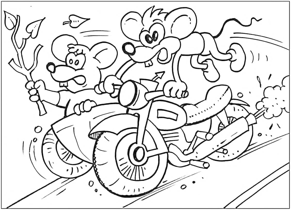 Раскраска Два мышонка на мотоцикле с веткой и самолётиком
