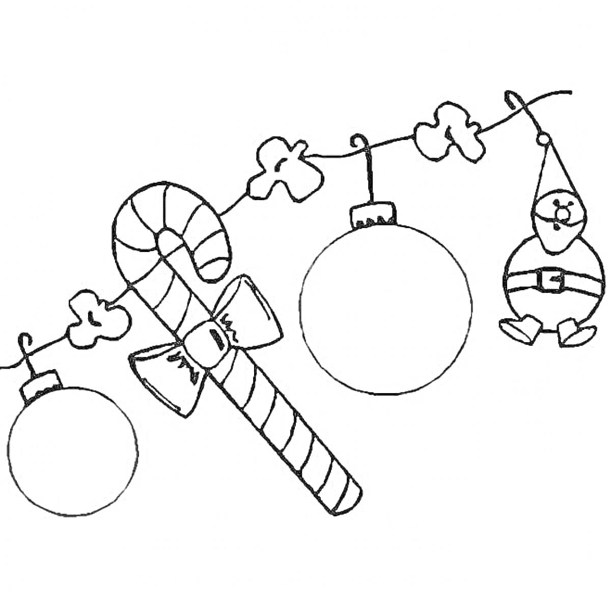На раскраске изображено: Новогодние игрушки, Леденец-трость, Дед Мороз, Украшения, Рождество, Новый год, Гирлянда