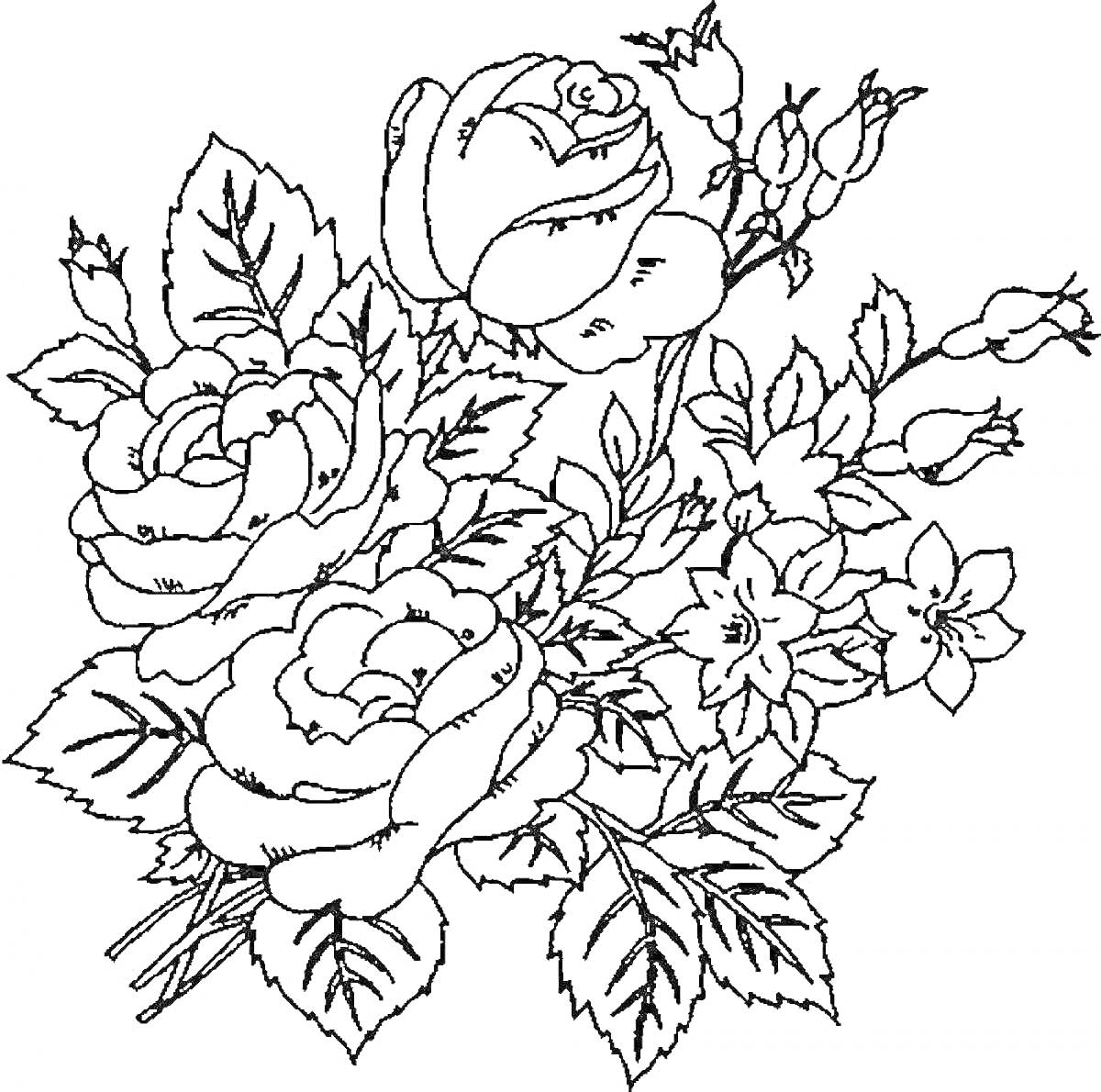 На раскраске изображено: Цветы, Розы, Листья, Природа, Букет цветов, Бутон