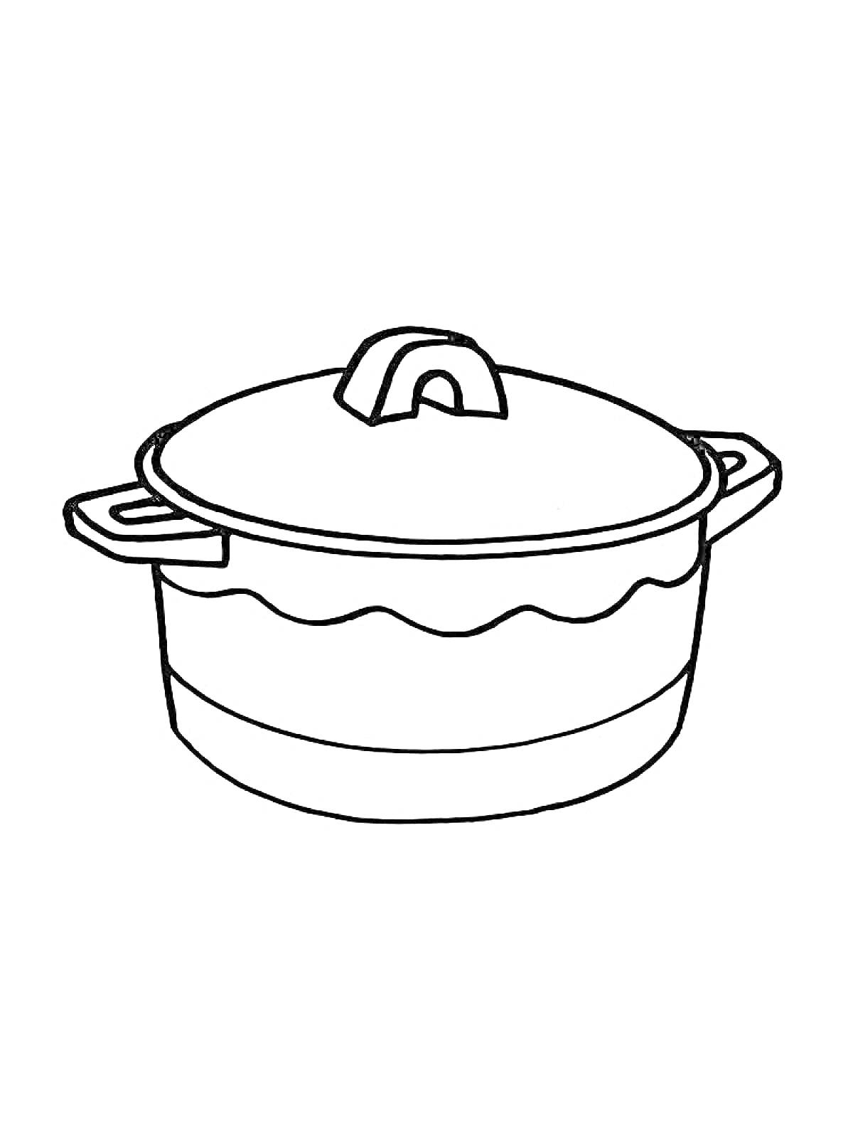 На раскраске изображено: Крышка, Посуда, Кухонная утварь, Ручка, Кастрюли