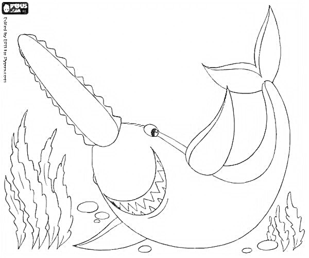 На раскраске изображено: Животные, Морская жизнь, Водоросли, Подводный мир, Для детей, Морское дно, Иллюстрация, Хвост, Подводные растения