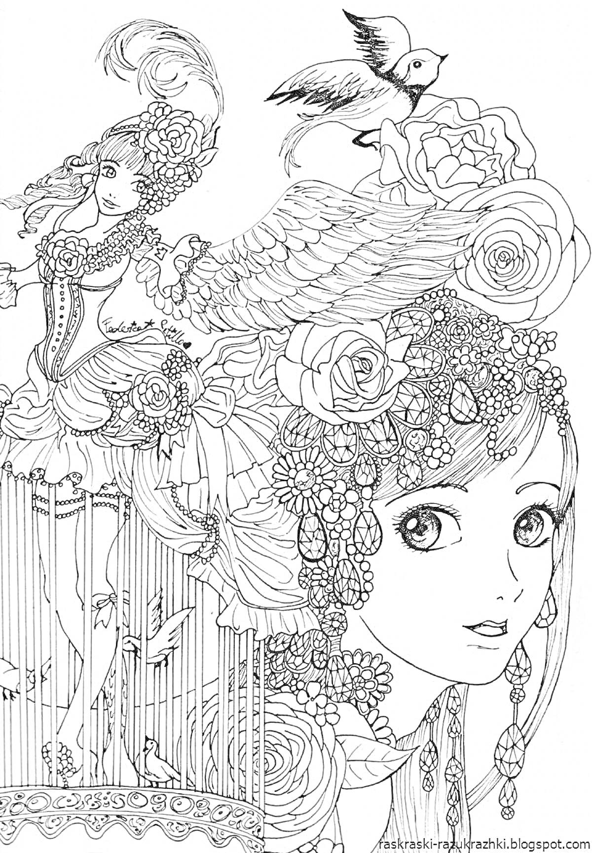Раскраска Девочка с цветами и птицами в клетке, элементы: девушка с крыльями, большие цветы на голове, птица в полете, птичья клетка, множество мелких декоративных элементов