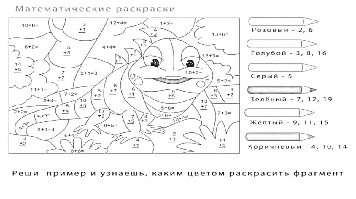 Раскраска Лягушка с примерами на счет в пределах 10