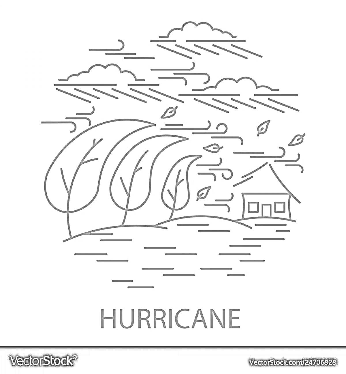 На раскраске изображено: Ураган, Деревья, Дом, Ветер, Листья, Облака