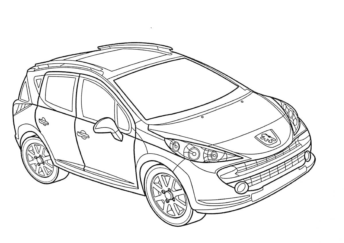 На раскраске изображено: Колёса, Окна, Фары, Крыша, Пежо