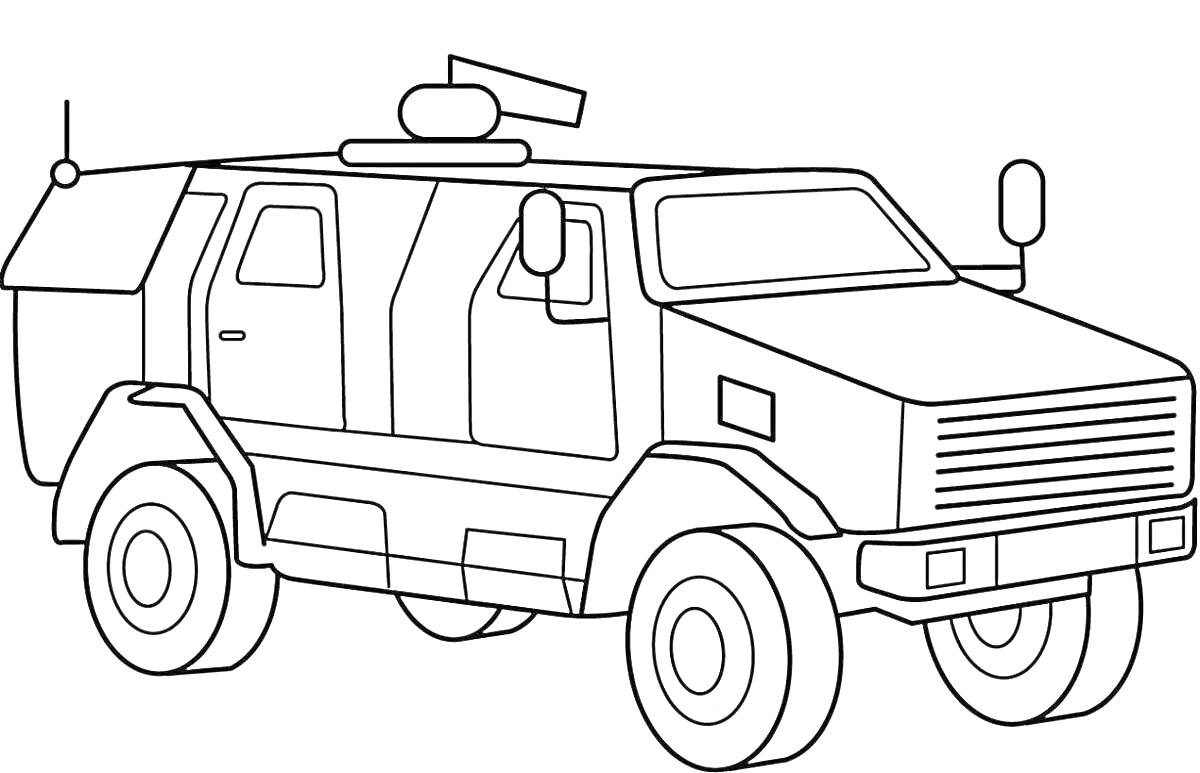 На раскраске изображено: Военная техника, Бронированная машина, Пушка, Для детей, Антенны
