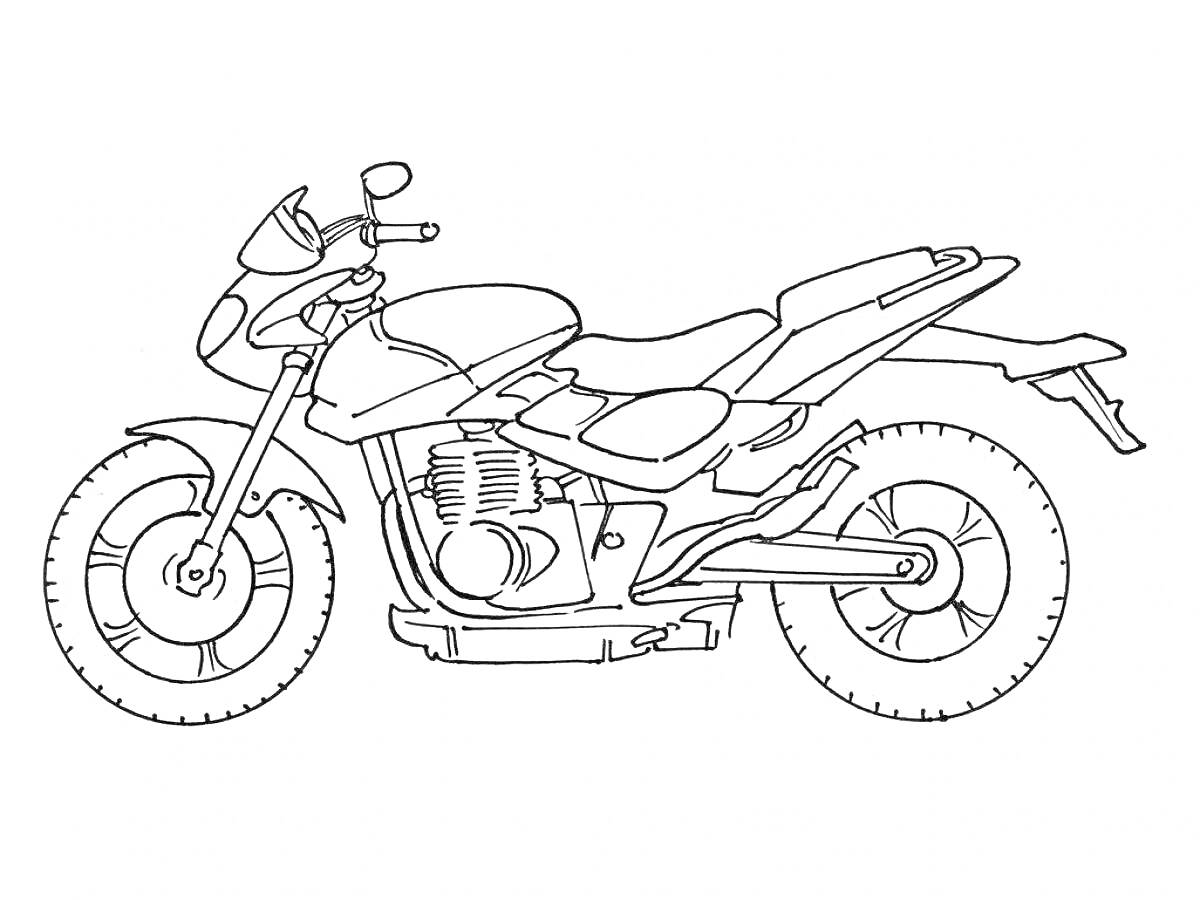 Раскраска Мотоцикл с лобовым стеклом, зеркалами, двигателем, сиденьем и задним крылом