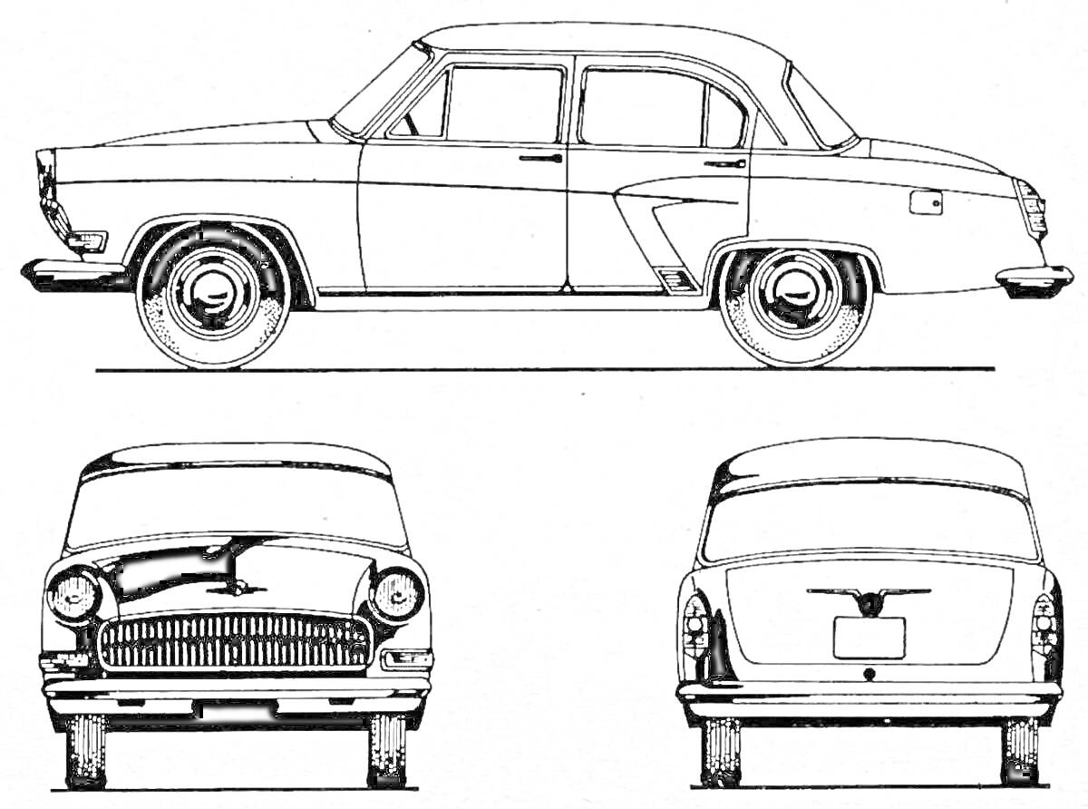 Раскраска чертеж автомобиля ГАЗ-21 Волга с видами сбоку, спереди и сзади