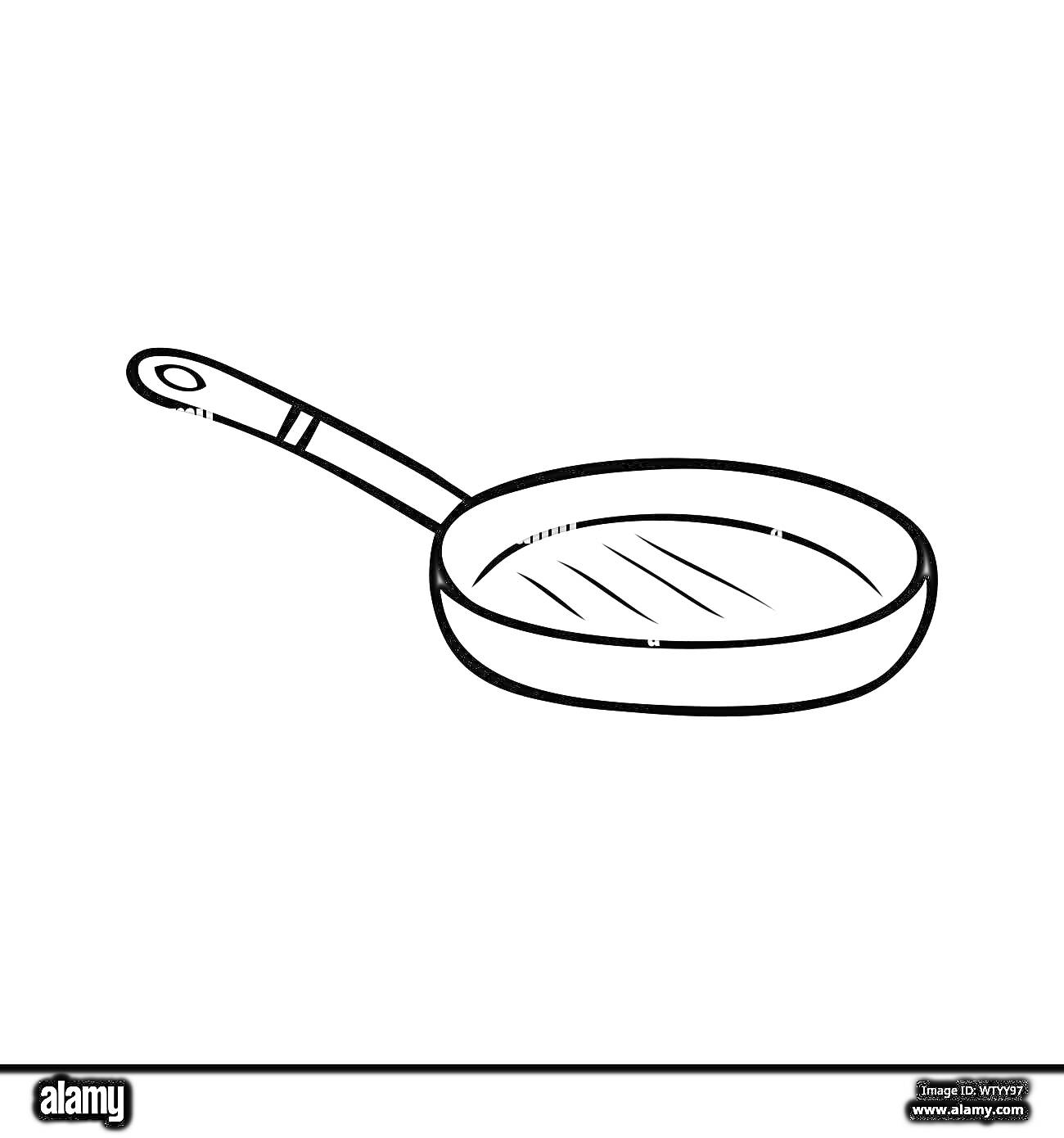 На раскраске изображено: Сковорода, Ручка, Кухня, Посуда, Кухонные принадлежности
