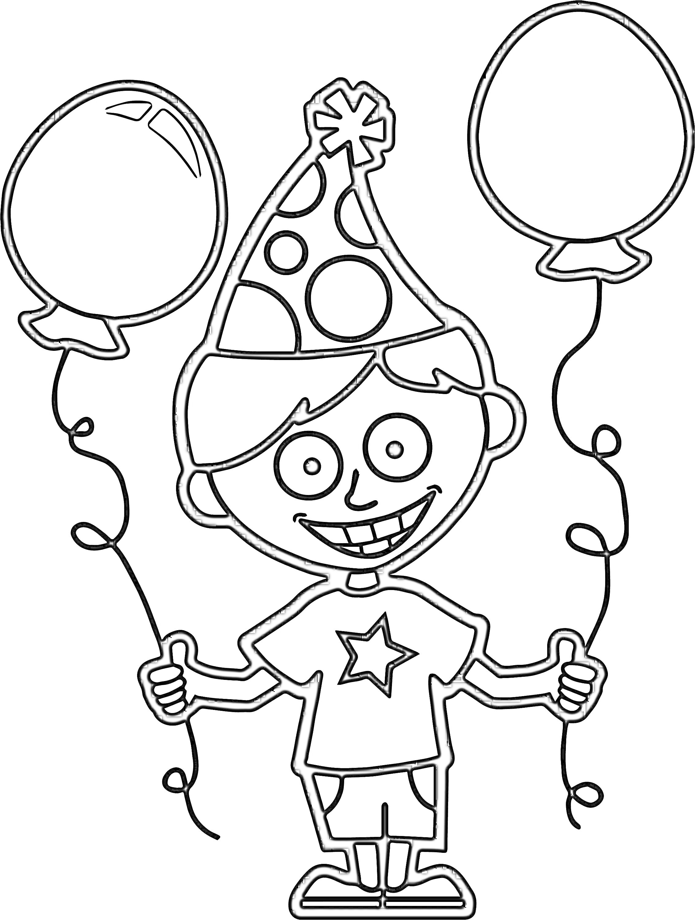 Раскраска Мальчик с шарами, в праздничной шапочке с узорами, в футболке с звездой, и шариками в обеих руках