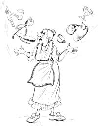 Федора с убегающей посудой: женщина в платке и переднике, удивлённо смотрящая на летающую посуду - кувшины, чашки, тарелки, ложки