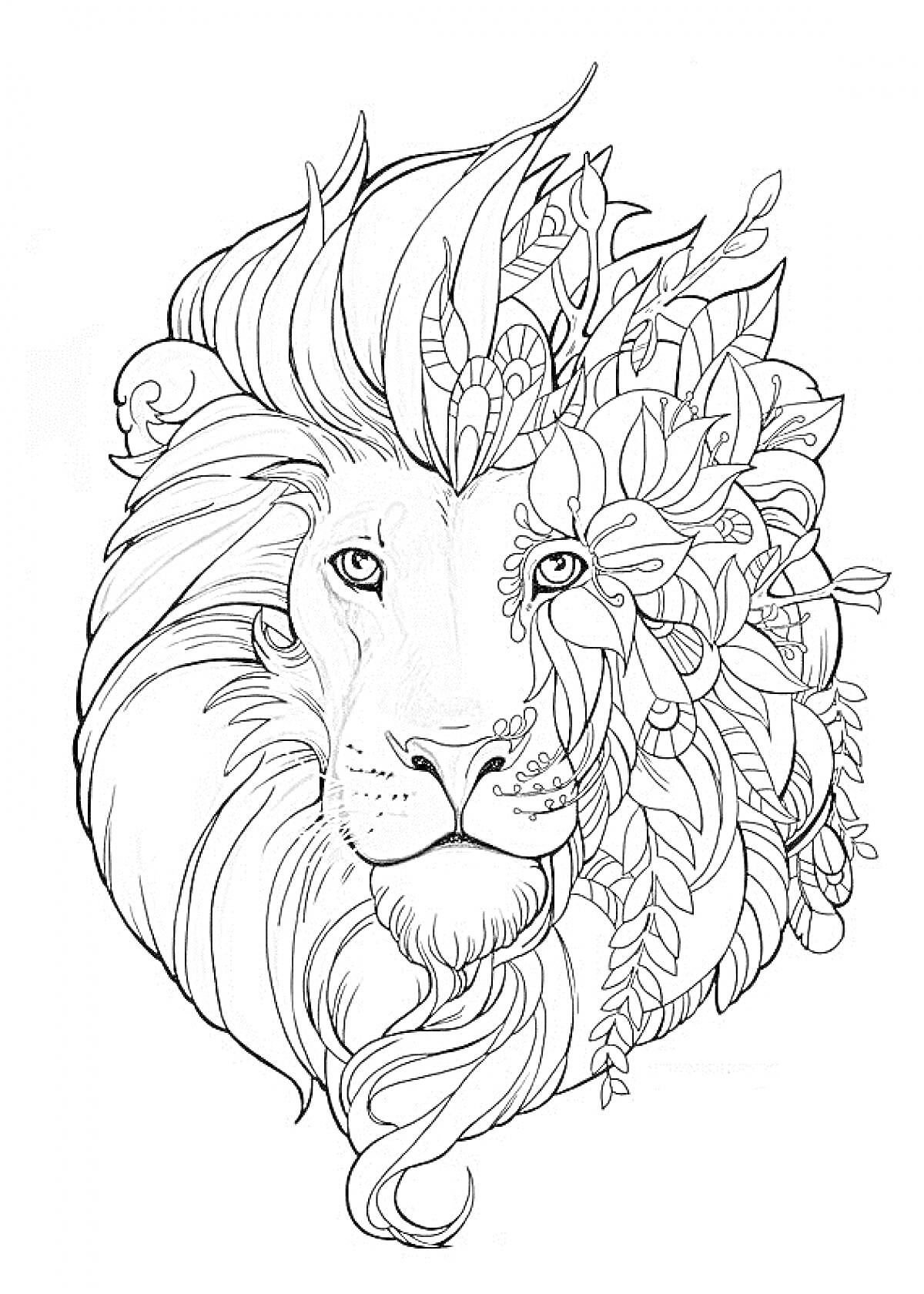 Раскраска Антистресс-раскраска с изображением льва, частично сделанного из растительных элементов